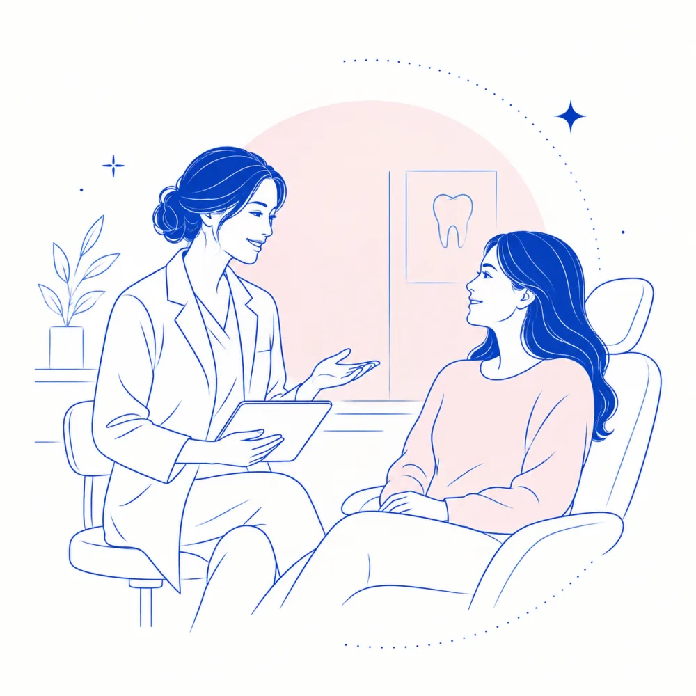 Line drawing: Dr. Feng talking through a treatment plan with a patient in the chair