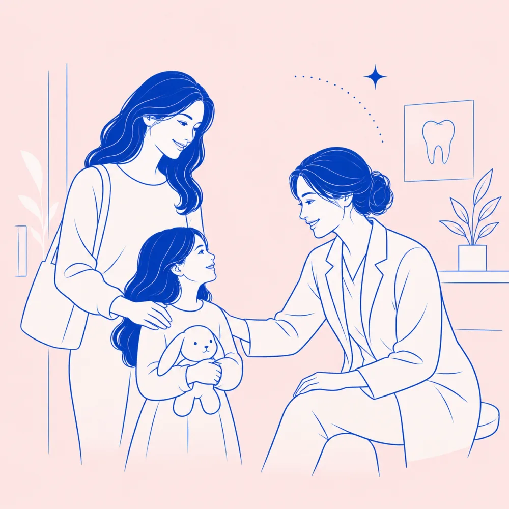 Line drawing: Dr. Feng greeting a young patient and her mother