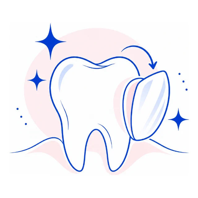 Line illustration of a veneer being fitted to a tooth
